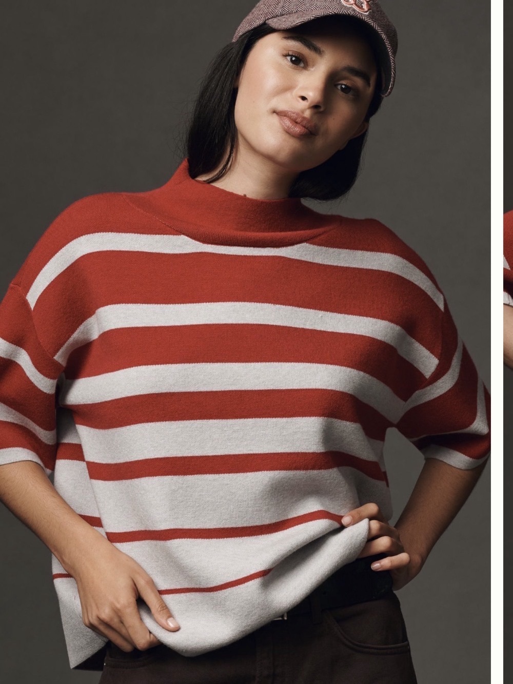 MAEVE • NWT the Carys mock neck short sleeve sweater red gray stripe Small